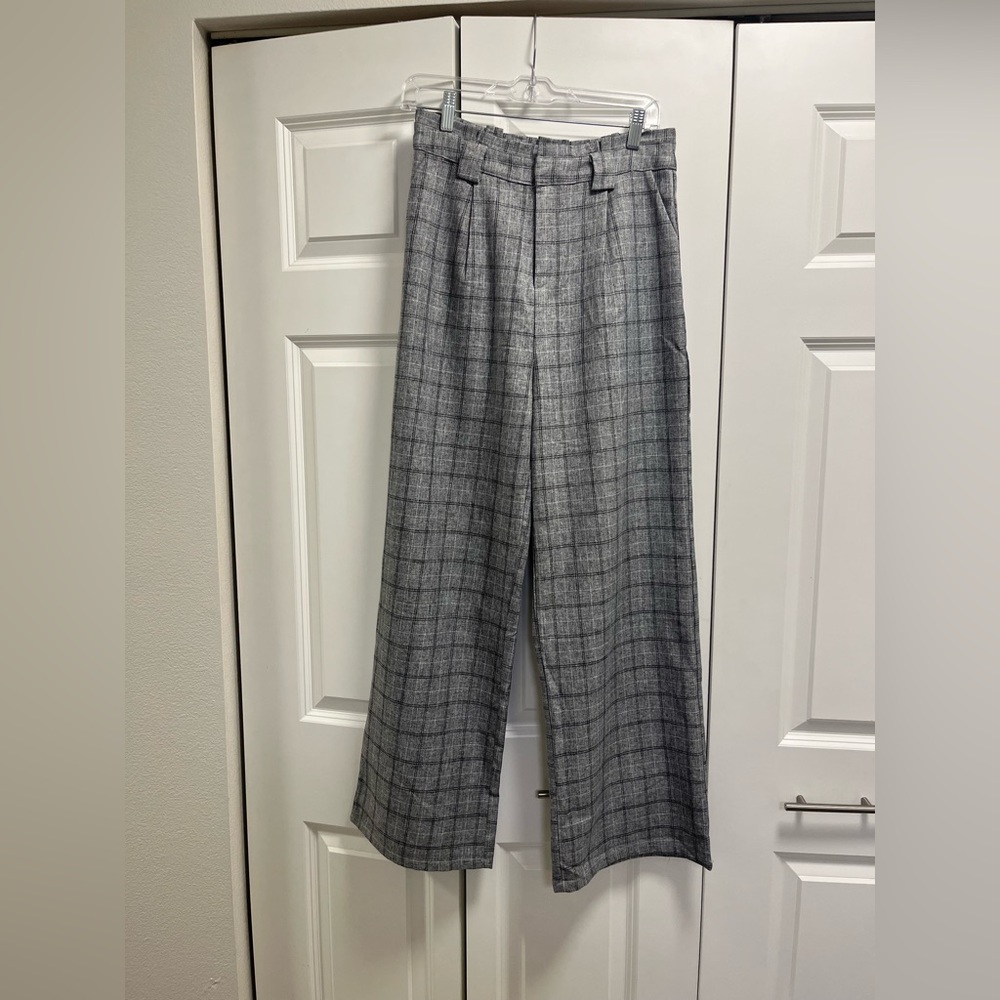 Lulu's Women’s Gray Checkered Wide Leg Dress Pants